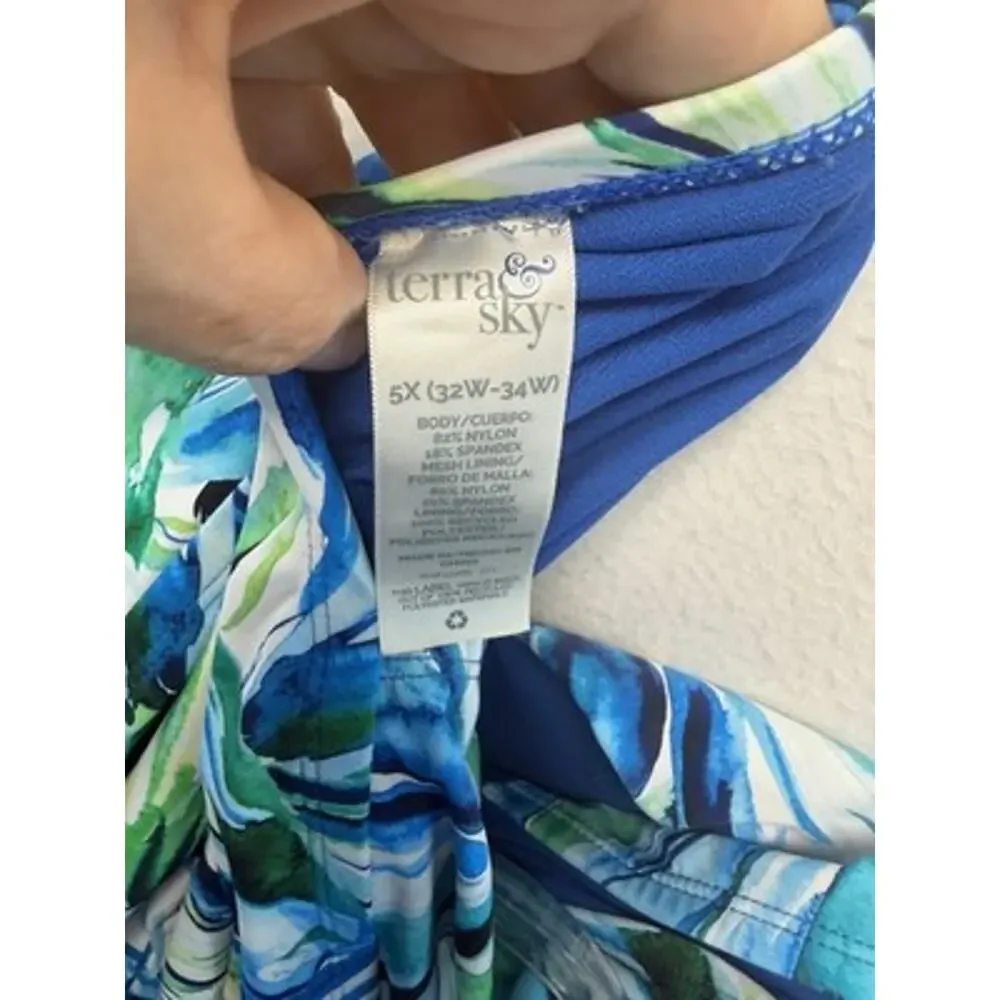 Terra & Sky One-Piece Swimsuit 5X Plus Tropical Crossback Blue/Green beach pool
